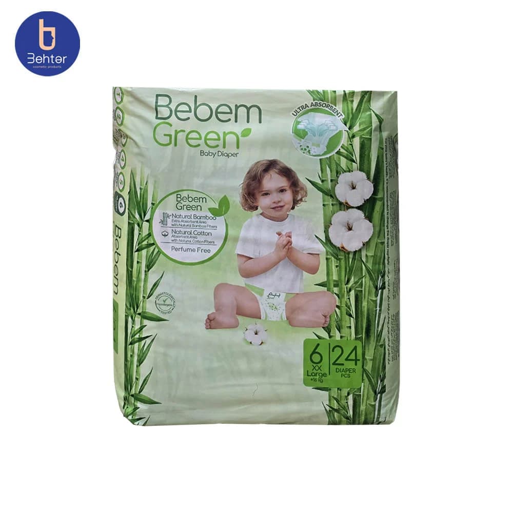 پوشک ببم سبز سایز 6 XX لارج بسته بندی ۲۴ عددی Bebem Green diapers, size 6 XX-Large, pack of 24 pieces