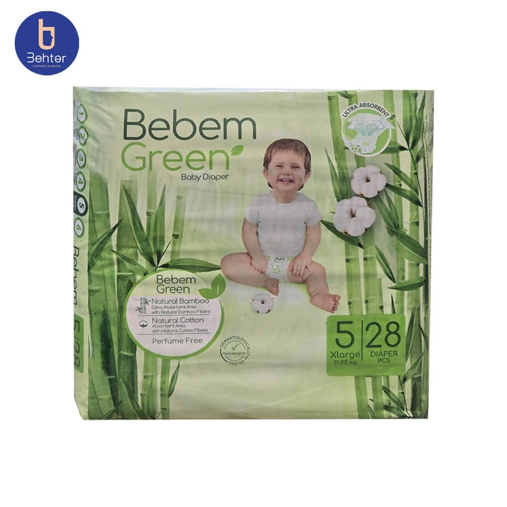 پوشک ببم سبز سایز 5 ایکس لارج بسته بندی ۲۸ عددی Bebem Green diaper size 5 X-large pack of 28 pieces
