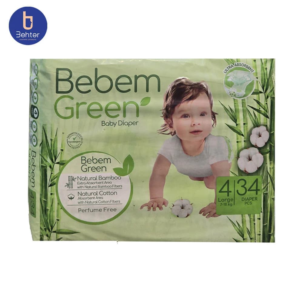 پوشک ببم سبز سایز 4 لارج بسته بندی 34 عددی Bebem Green diapers, size 4, Large, 34 pcs