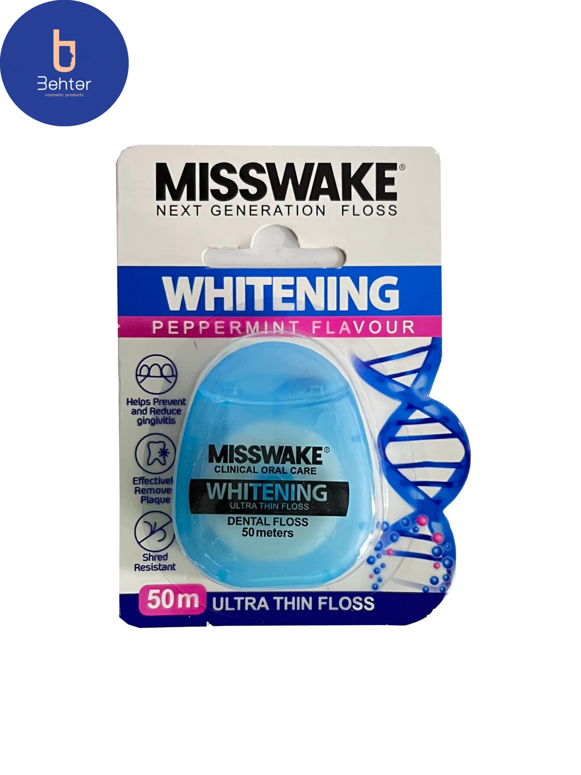 نخ دندان میسویک سفید کننده مدل وایتنینگ 50مترMisswake whitening floss, whitening model, 50 meters