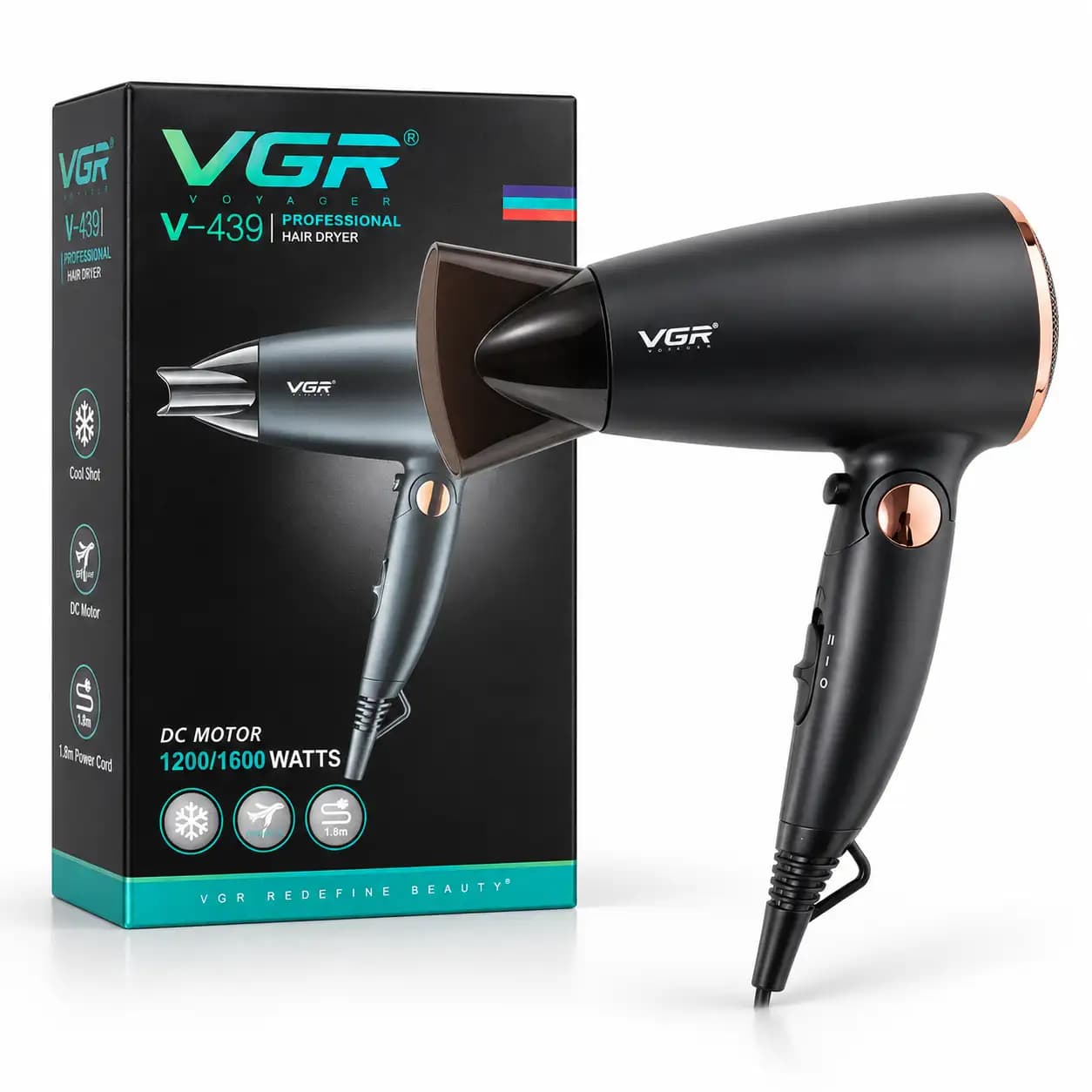 سشوار مسافرتی وی جی آر VGR مدل V-439 تاشو، موتور 1600 وات ، DC — تصویر ۷