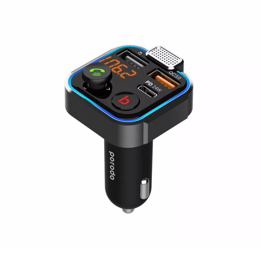 شارژر فندکی پرودو مدل Porodo Smart car charger FM Transmitter With 24W PD Port PD-FM42WBB-BK