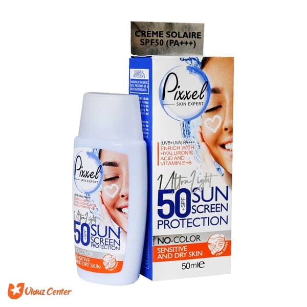 کرم ضد آفتاب بدون رنگ پیکسل مناسب پوست خشک تا نرمال و حساس SPF50 حجم 50 میل