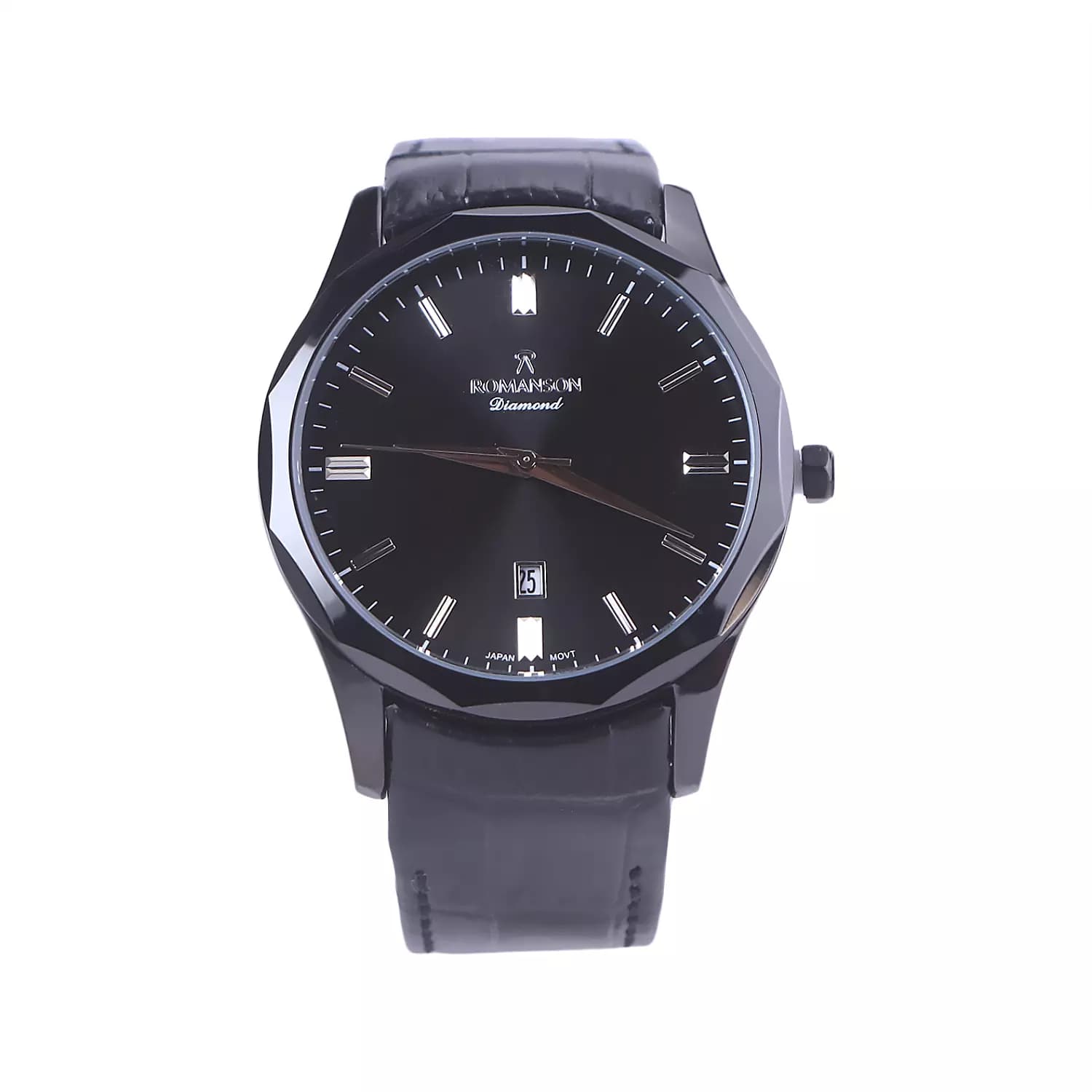 ساعت مچی رومانسون مردانه بند چرم مشکی قاب مشکی G1534/1