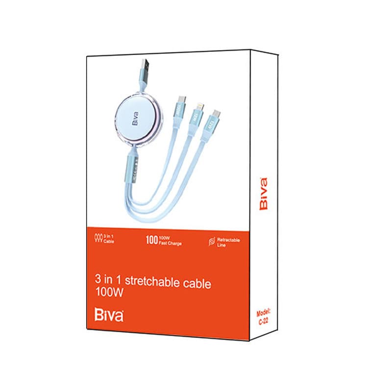 کابل سه سر فست شارژ 100 وات بیوا C-22 طول 1.1 متر — تصویر ۴