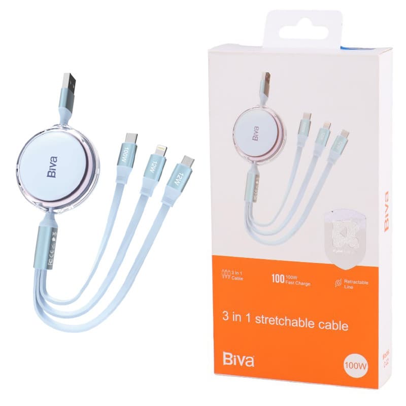 کابل سه سر فست شارژ 100 وات بیوا C-22 طول 1.1 متر