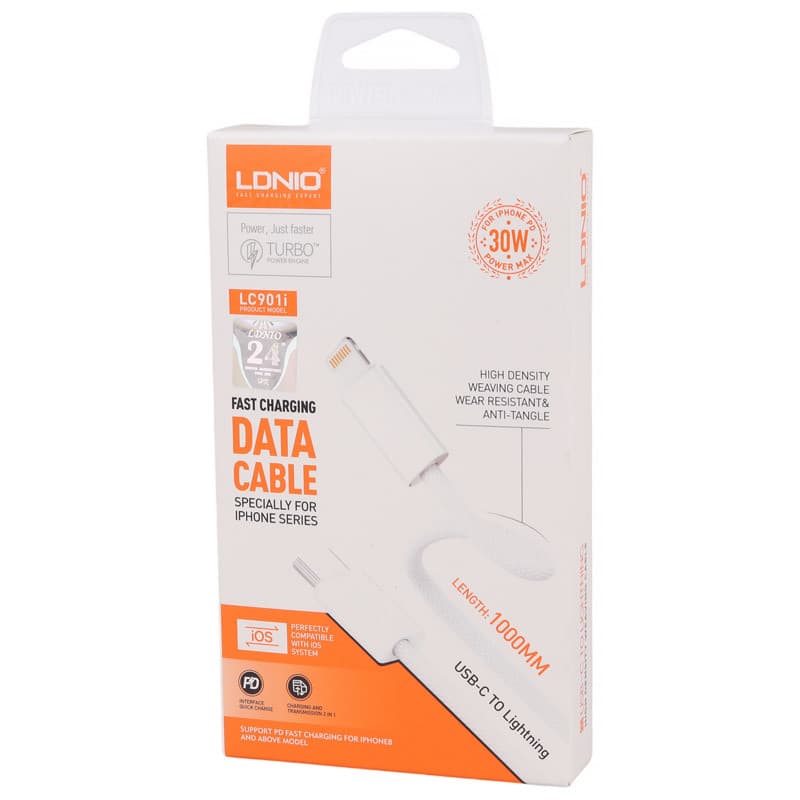 کابل تایپ سی به لایتنینگ فست شارژ 30 وات الدینیو LC901i طول 1 متر — تصویر ۳