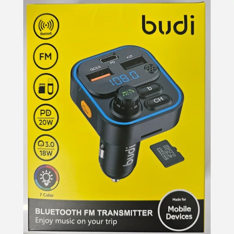 پخش کننده موسیقی دارای فرستنده FM بلوتوثی و شارژر فندکی 48 وات بودی مدل Budi CCT05B با یک خروجی USB-C و 2 خروجی USB