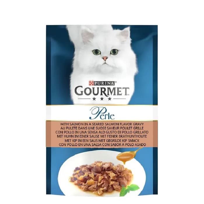 پوچ گربه بالغ گورمت پورینا طعم سالمون در سس گوشت گریل وزن 85 گرم