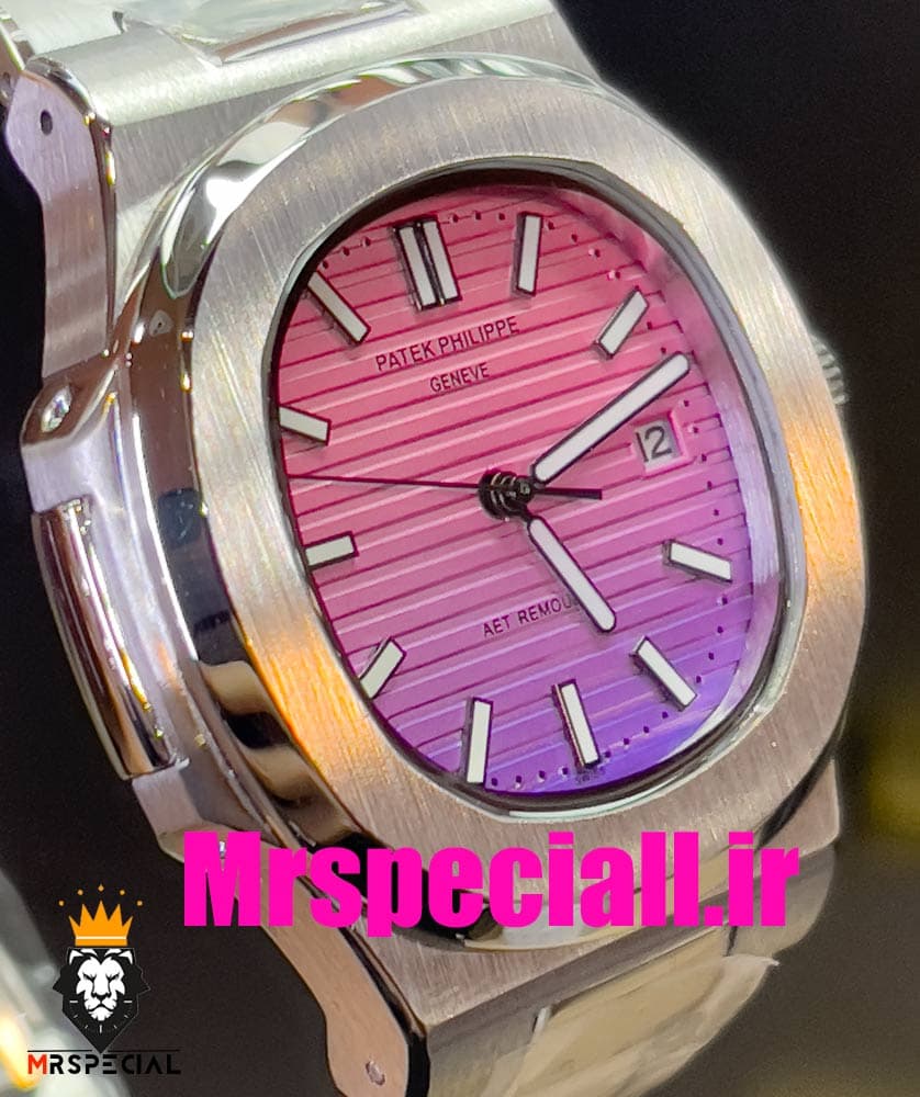 ساعت پتک فیلیپ مردانه ناتیلوس کوارتز استیل صفحه صورتی بنفش Patek Philippe NUATILOS 020768 — تصویر ۴