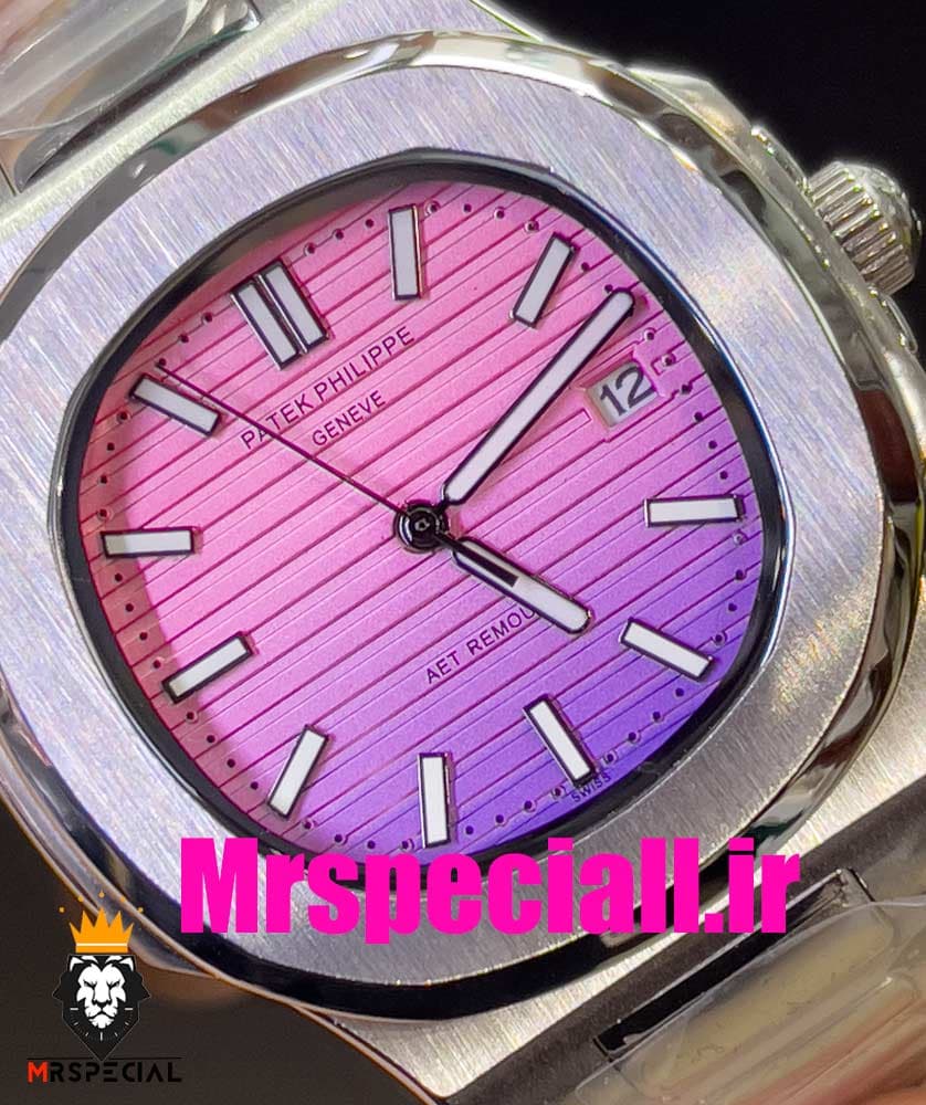 ساعت پتک فیلیپ مردانه ناتیلوس کوارتز استیل صفحه صورتی بنفش Patek Philippe NUATILOS 020768 — تصویر ۵