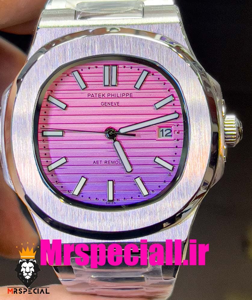 ساعت پتک فیلیپ مردانه ناتیلوس کوارتز استیل صفحه صورتی بنفش Patek Philippe NUATILOS 020768 — تصویر ۳