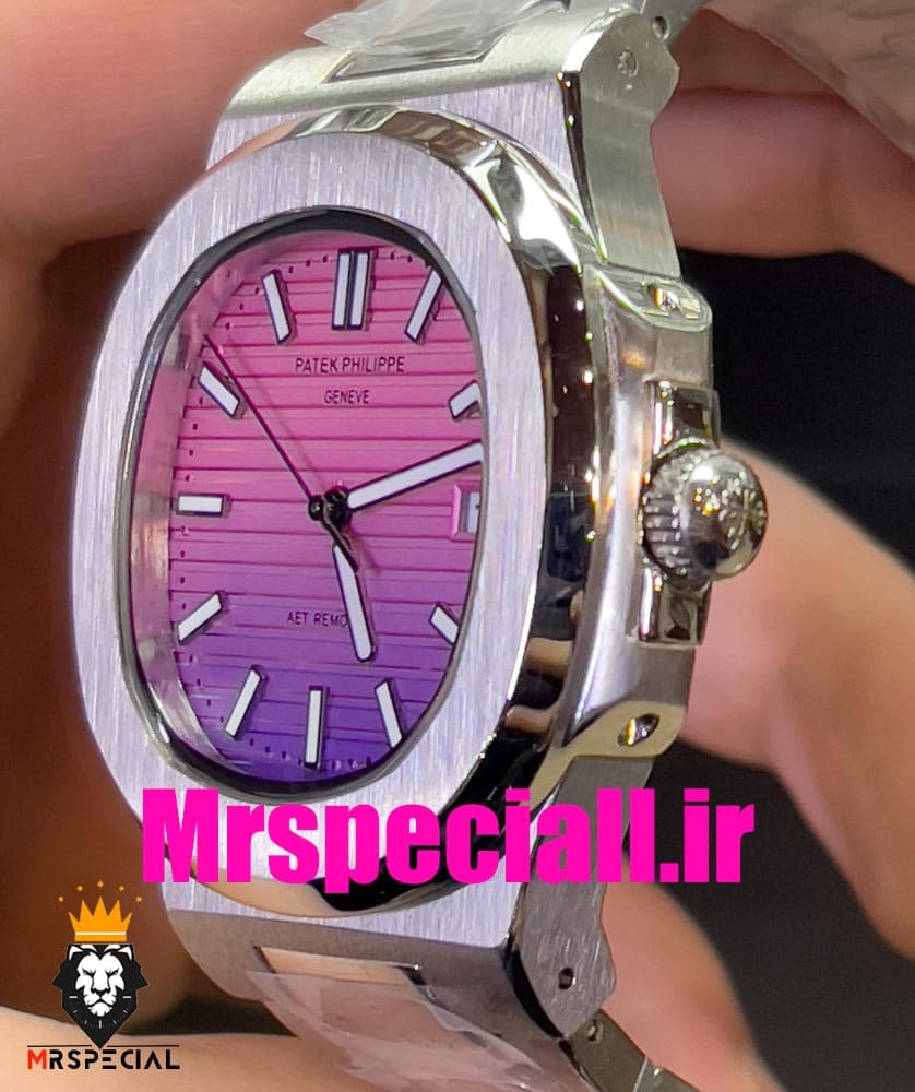 ساعت پتک فیلیپ مردانه ناتیلوس کوارتز استیل صفحه صورتی بنفش Patek Philippe NUATILOS 020768 — تصویر ۷