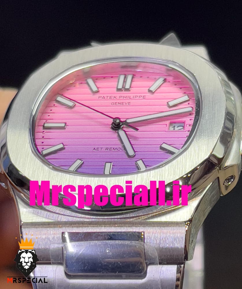 ساعت پتک فیلیپ مردانه ناتیلوس کوارتز استیل صفحه صورتی بنفش Patek Philippe NUATILOS 020768 — تصویر ۶