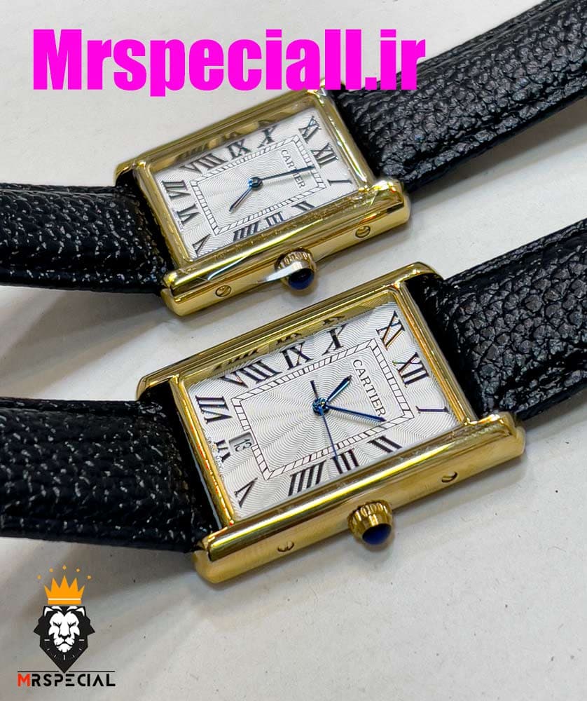 ساعت ست مردانه و زنانه کارتیه تانک بند چرم مشکی صفحه سفید قاب طلایی Cartier Tank 020699 — تصویر ۱۰