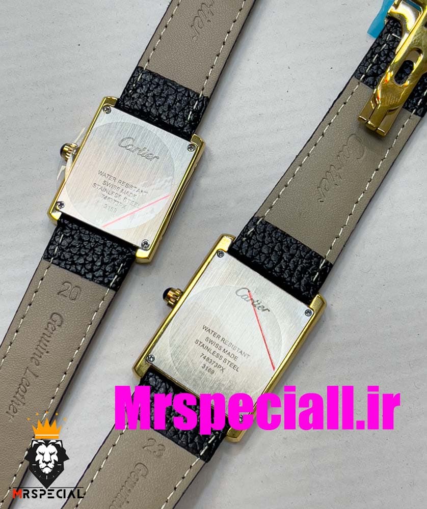 ساعت ست مردانه و زنانه کارتیه تانک بند چرم مشکی صفحه سفید قاب طلایی Cartier Tank 020699 — تصویر ۱۱