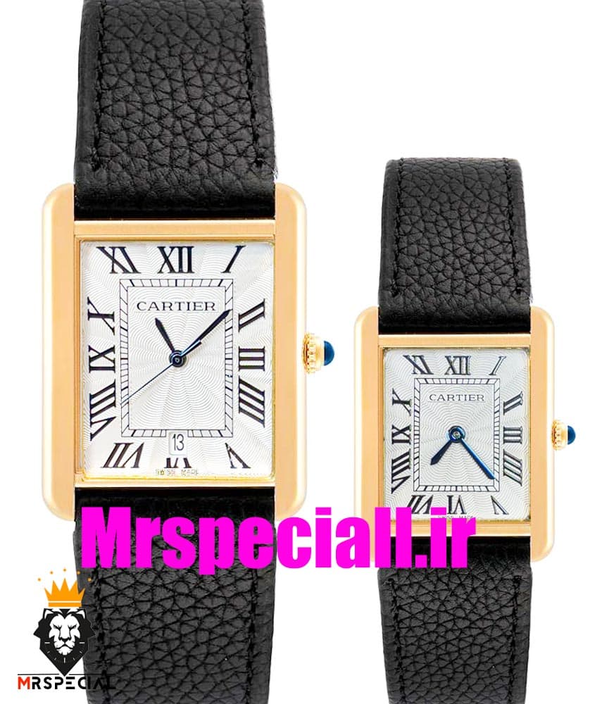 ساعت ست مردانه و زنانه کارتیه تانک بند چرم مشکی صفحه سفید قاب طلایی Cartier Tank 020699