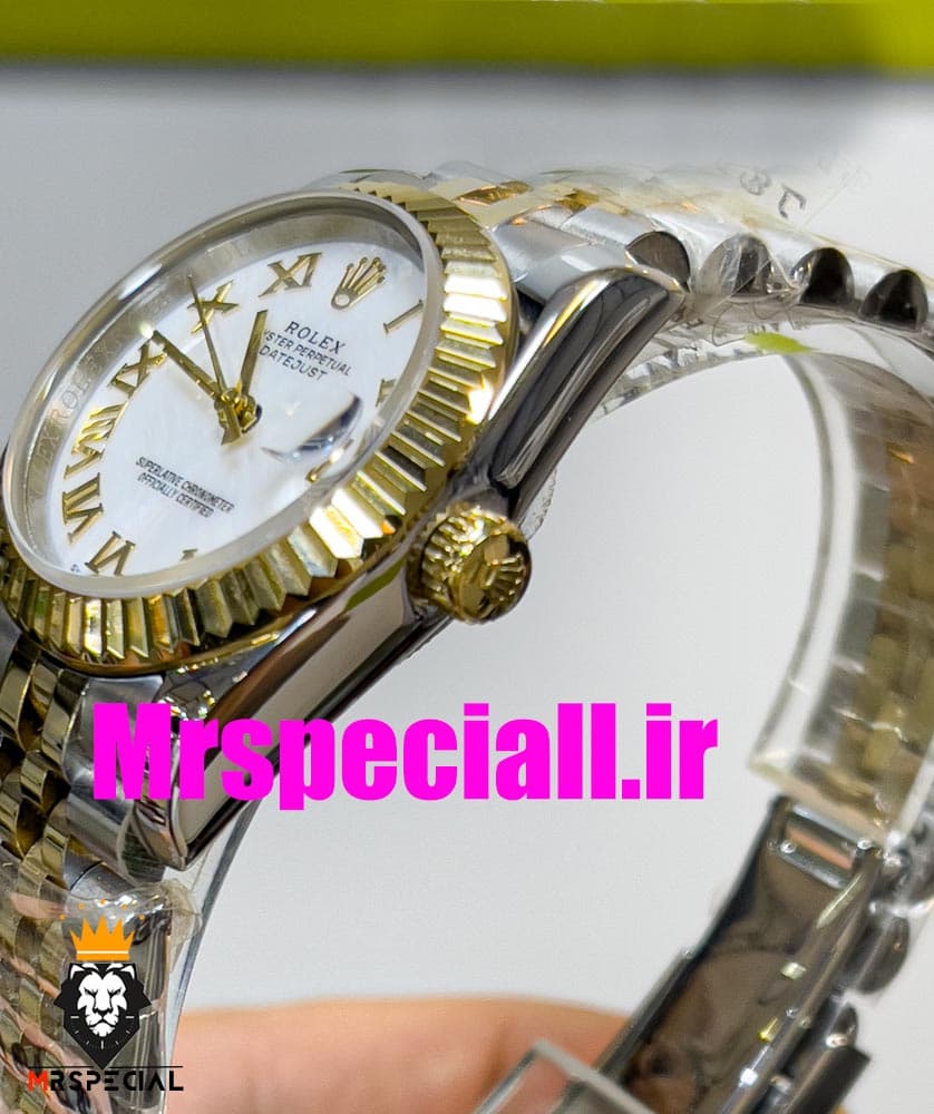 ساعت زنانه رولکس دیت جاست اتوماتیک دورنگ طلایی صفحه سفید سایز 26 020644 ROLEX DATEJUST — تصویر ۶