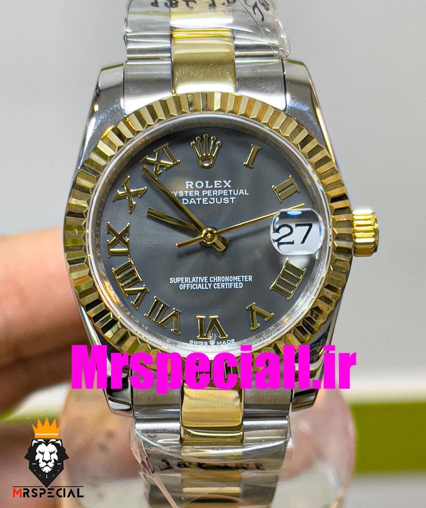 ساعت زنانه رولکس دیت جاست اتوماتیک دورنگ طلایی صفحه طوسی سایز31 020643 ROLEX DATEJUST — تصویر ۱۱