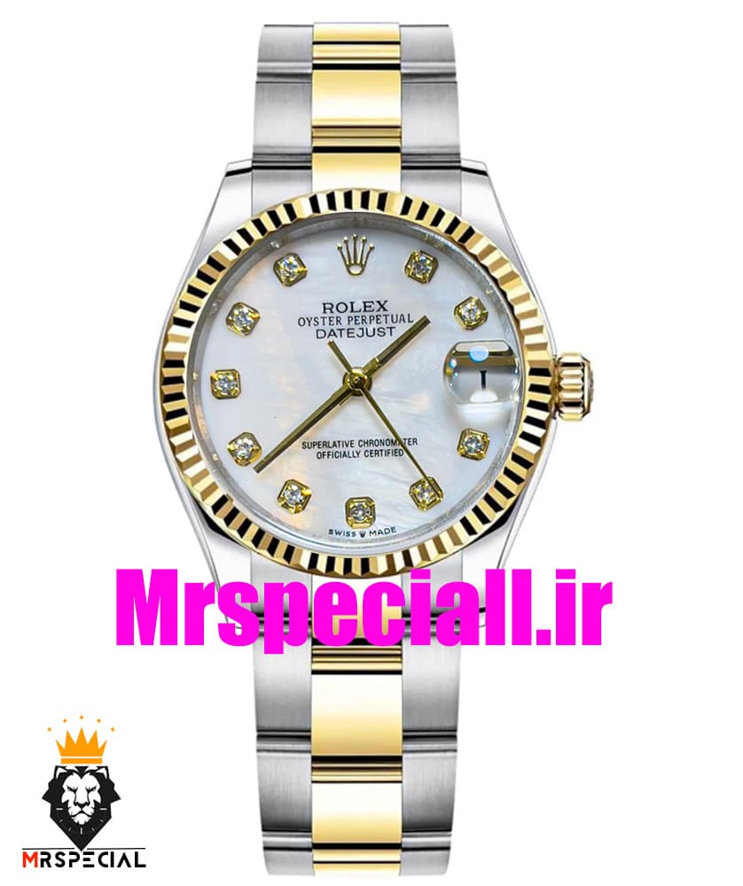 ساعت زنانه رولکس دیت جاست اتوماتیک دورنگ طلایی صفحه سفید سایز31 020642 ROLEX DATEJUST — تصویر ۲