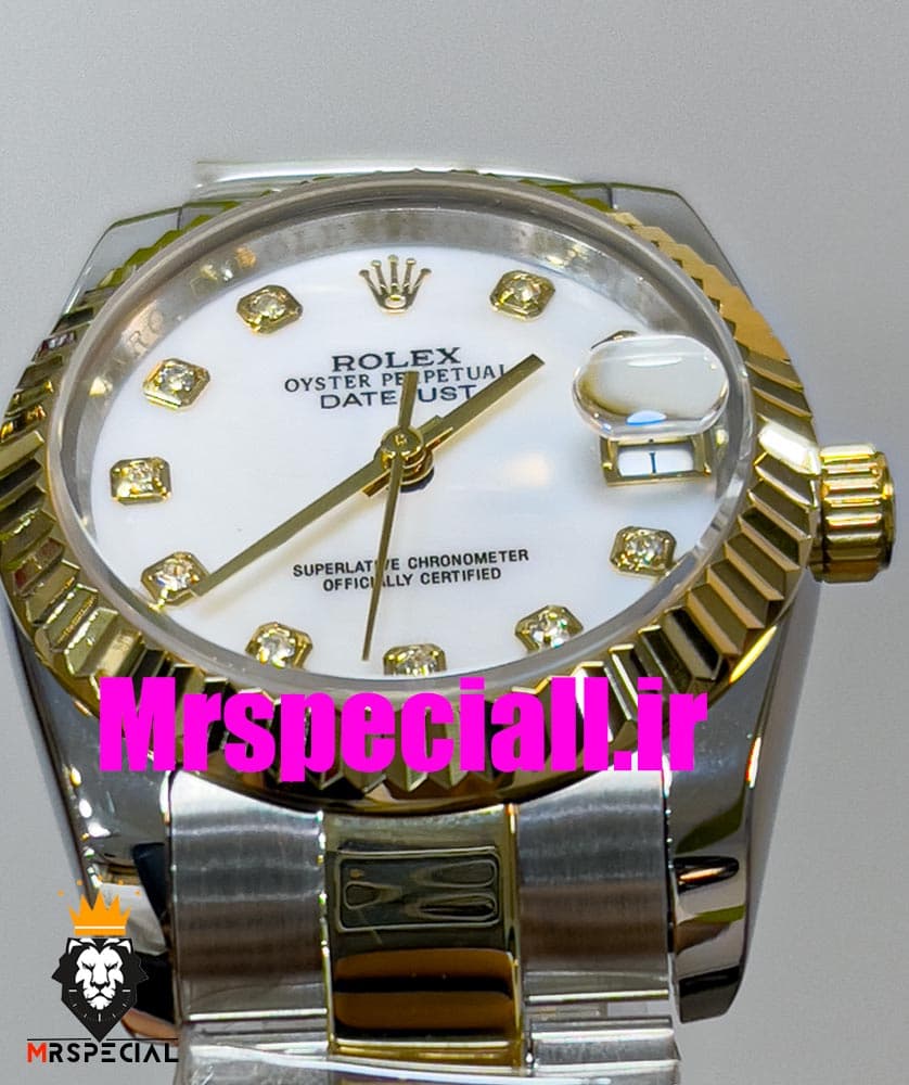 ساعت زنانه رولکس دیت جاست اتوماتیک دورنگ طلایی صفحه سفید سایز31 020642 ROLEX DATEJUST — تصویر ۵