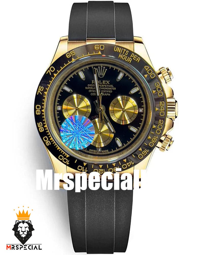 ساعت مردانه رولکس دیتونا کوارتز فول دیت بند رابر طلایی قاب سرامیک 020624 ROLEX DAYTONA