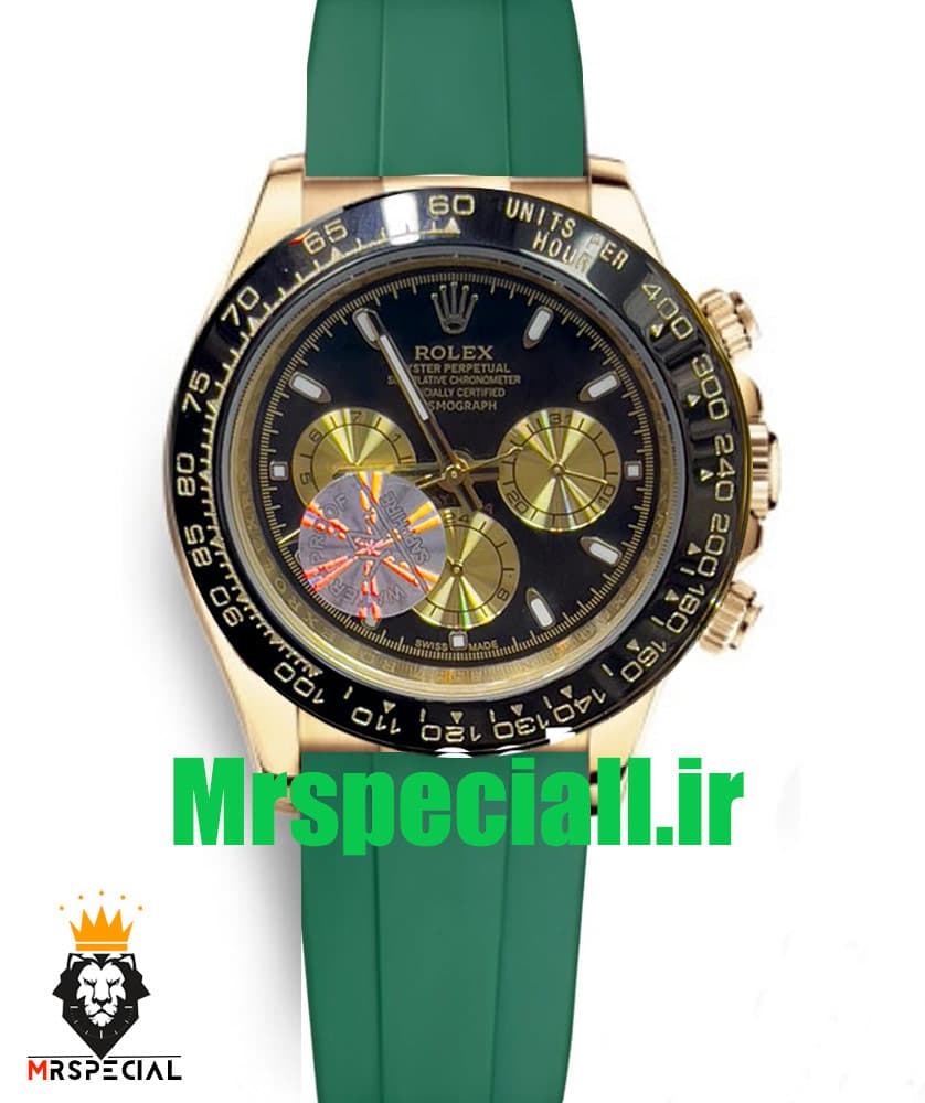 ساعت مردانه رولکس دیتونا فول دیت طلایی بند رابر سبز صفحه مشکی 020622 ROLEX DAYTONA