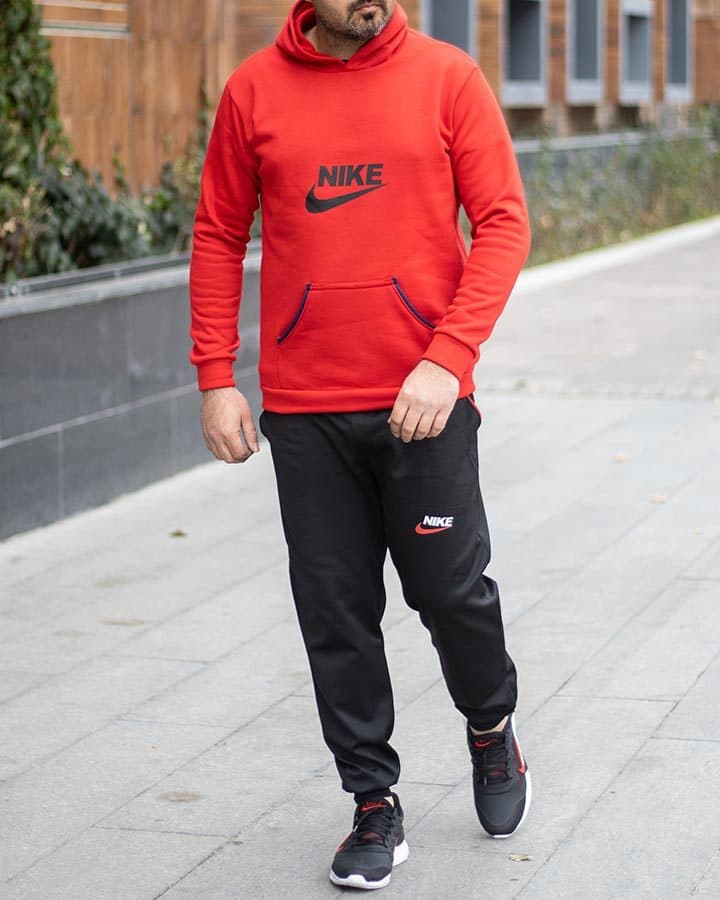 ست هودی شلوار کلاه دار قرمز مشکی Nike مدل 1788