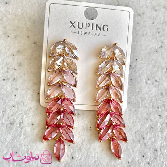 گوشواره زنانه ژوپینگ مدل آبشاری با کریستالهای صورتی کد 6991
