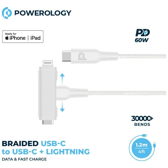 کابل پاورولوژی Powerology Braided USB-C to USB-C + Lightning Data &amp; Fast Charge 1.2m — تصویر ۲