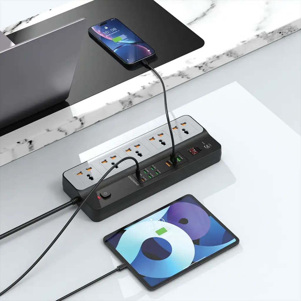 چند راهی برق و محافظ Porodo 3000W | 5AC Universal Power Strip with 9 USB Ports (6C + 3A) — تصویر ۶