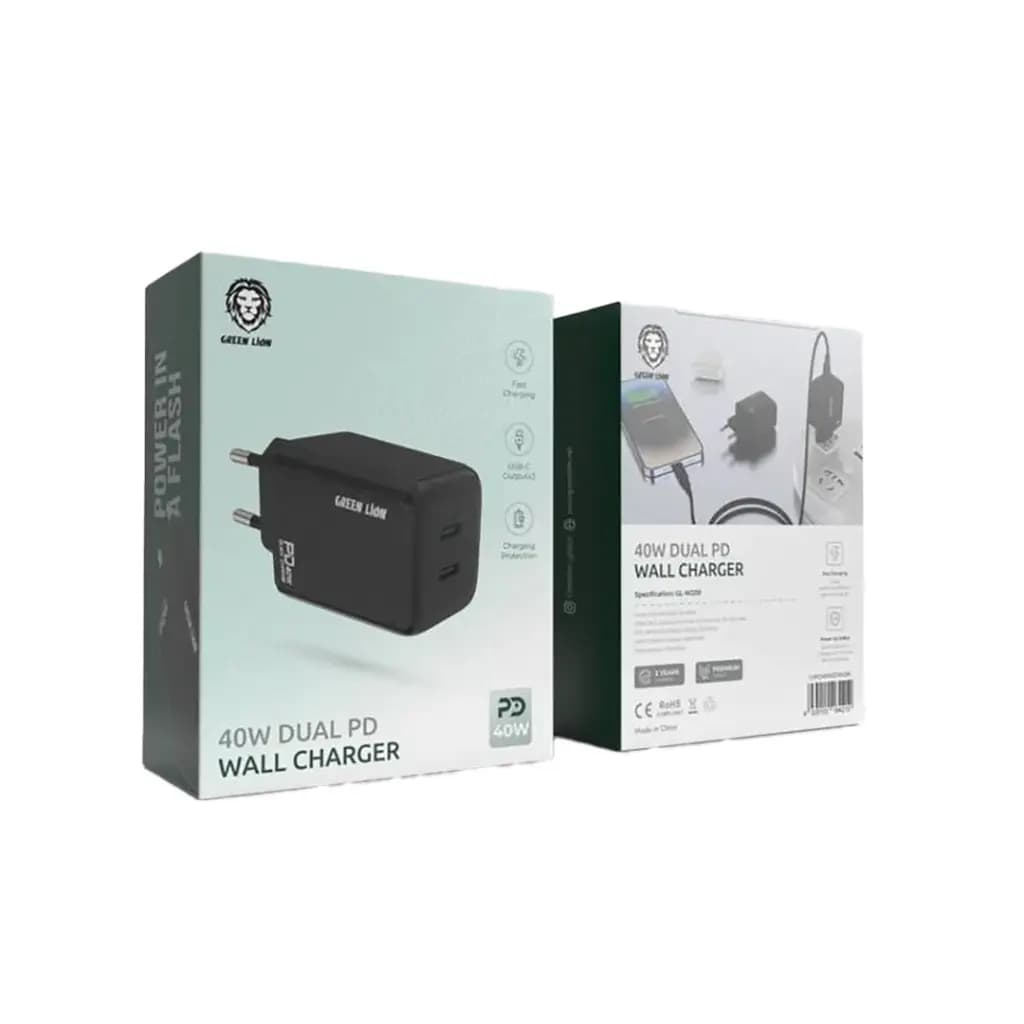 شارژر گرین لاین Green Lion 40W Dual PD Wall Charger With USB C To USB C Cable 1M UK — تصویر ۲