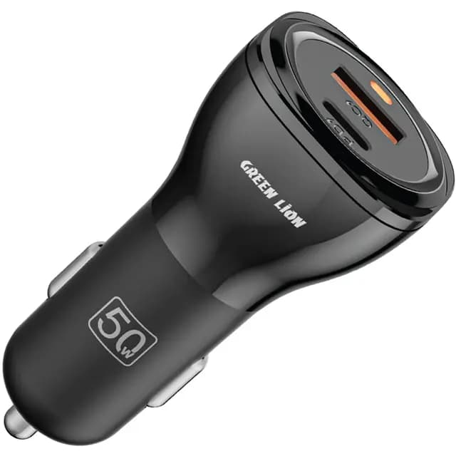 شارژر فندکی به همراه کابل تایپ سی Green Lion Dual Port Car Charger 50W
