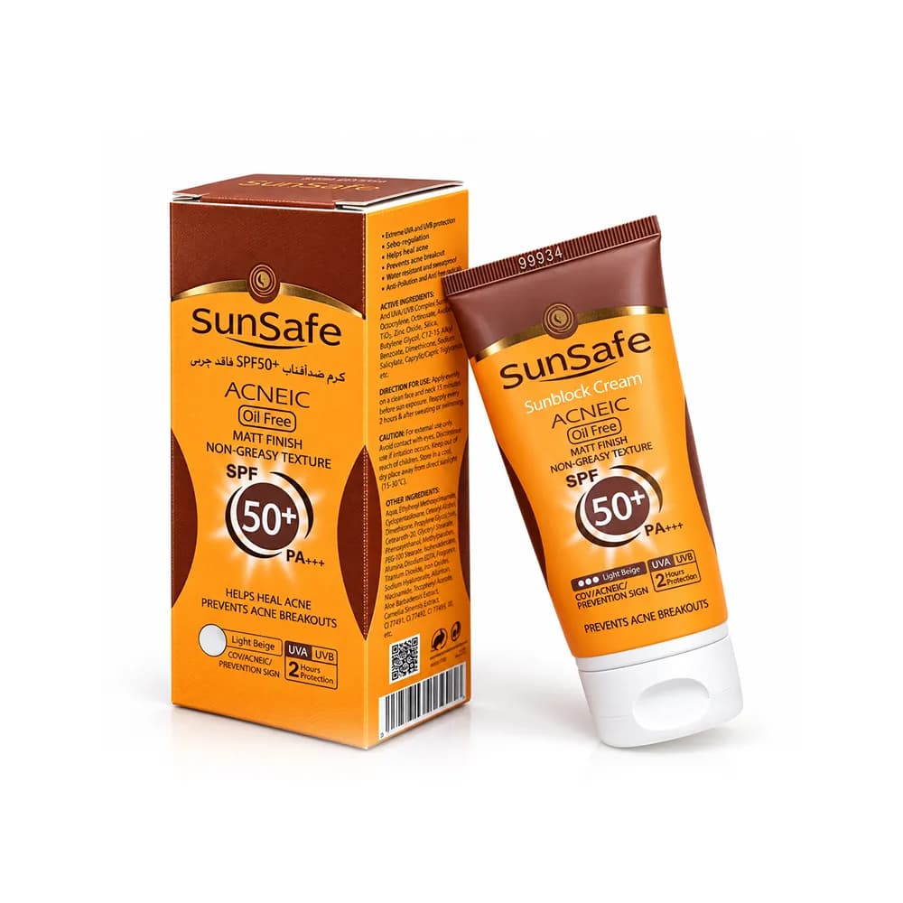 کرم ضد آفتاب رنگی بژ روشن فاقد چربی مناسب پوست های چرب و آکنه ای ACNEIC SPF50 سان سیف 50 میلی لیتر — تصویر ۳