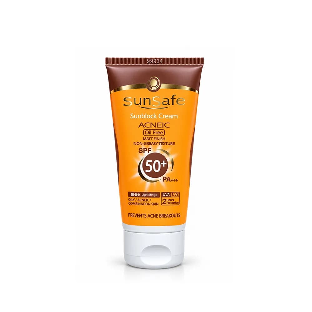 کرم ضد آفتاب رنگی بژ روشن فاقد چربی مناسب پوست های چرب و آکنه ای ACNEIC SPF50 سان سیف 50 میلی لیتر