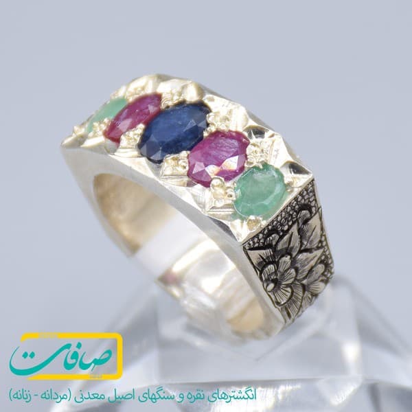 انگشتر چند نگین شامل زمرد، یاقوت قرمز و کبود مردانه «کد 906» — تصویر ۶