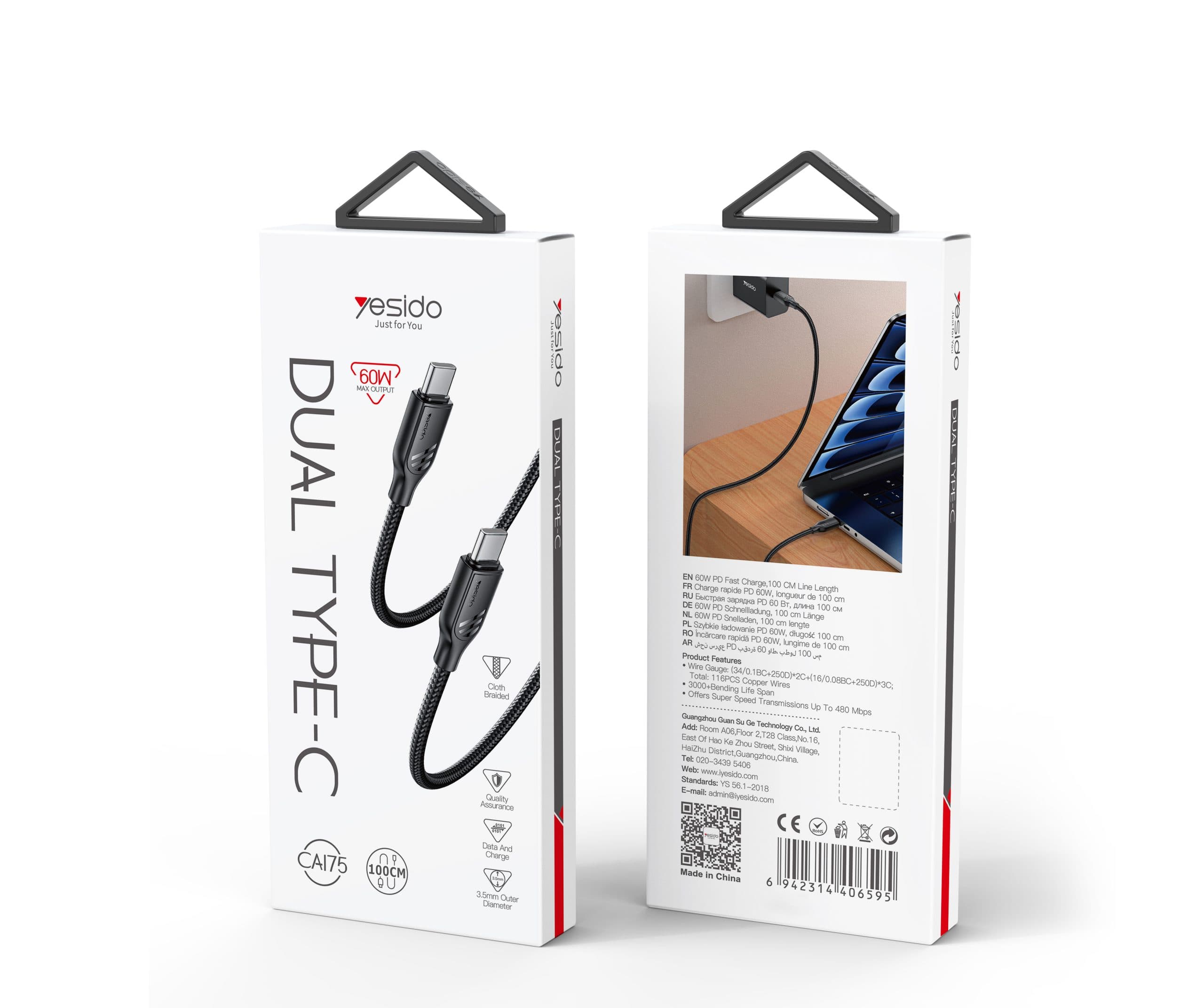 کابل TYPE-C به TYPE-C یسیدو YESIDO CA175 طول 1متر 60W — تصویر ۴