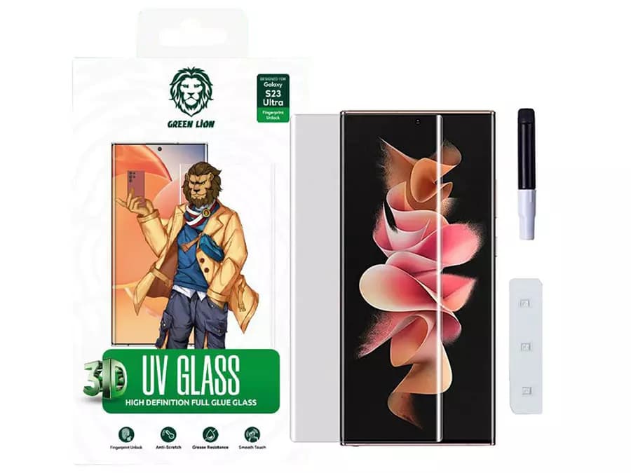 محافظ صفحه نمایش شیشه ای یو وی سامسونگ S23 اولترا گرین Green Samsung S23 Ultra 3D UV Glass — تصویر ۹