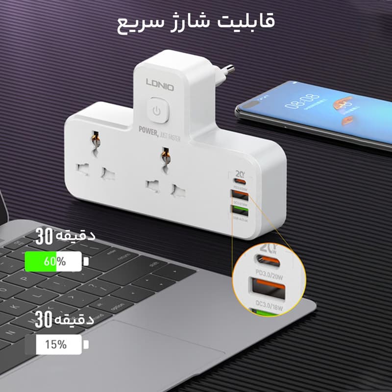شارژر دیواری و چند راهی برق الدینیو مدل SC2311 — تصویر ۴