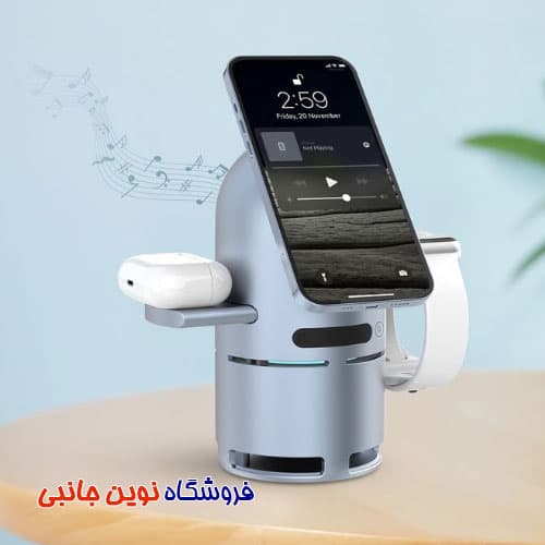 استند شارژ وایرلش پاورولوژی مدل PWC039 دارای اسپیکر حرفه ای ا Powerology Qi2 Speaker Charge Station with Pop-Out Charging Dock (تک/عمده) — تصویر ۲