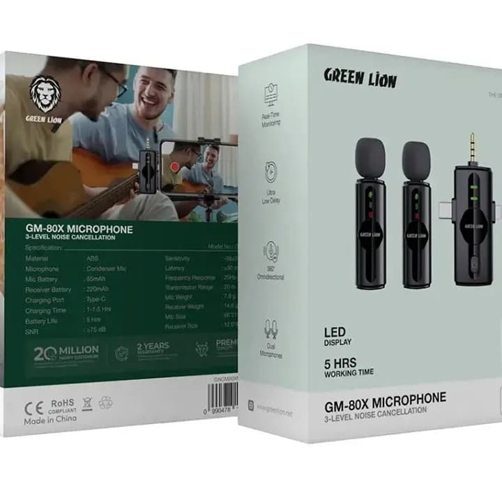میکروفون یقه‌ ای 2 فرستنده وایرلس گرین لاین Green Lion GM-80X Microphone 3 in 1 — تصویر ۸