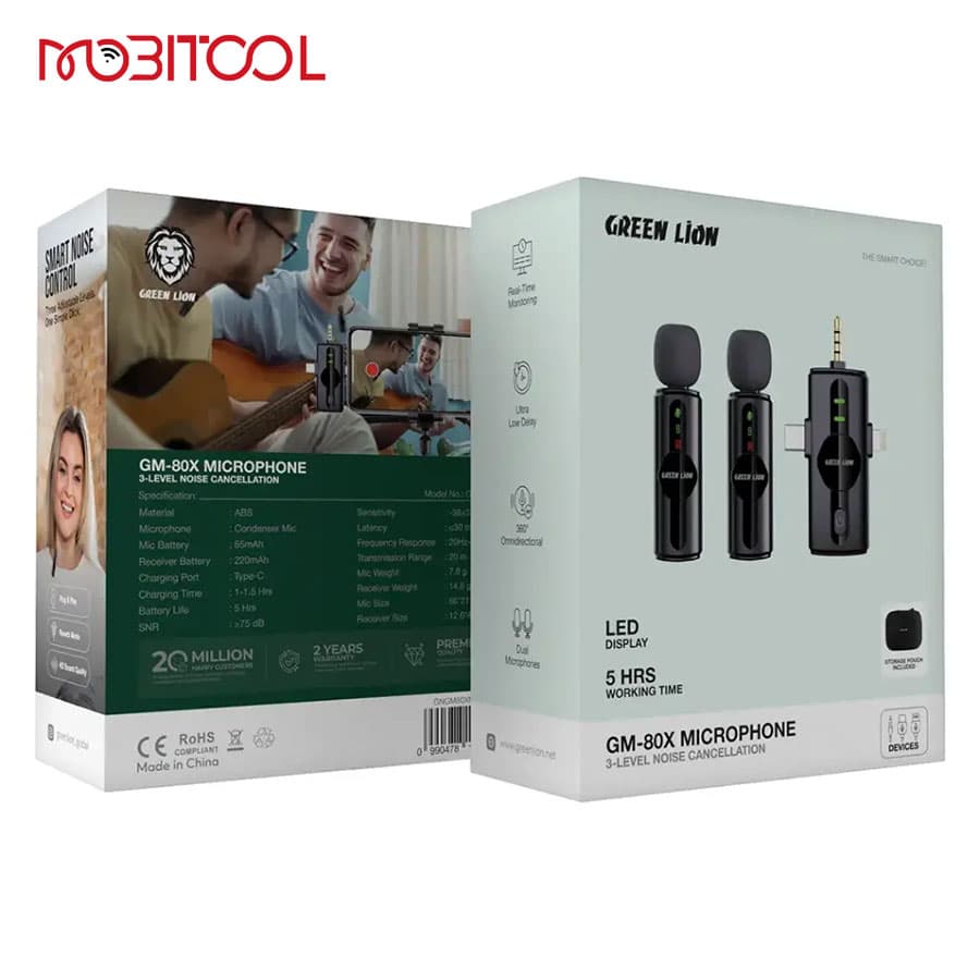 میکروفون یقه‌ ای 2 فرستنده وایرلس گرین لاین Green Lion GM-80X Microphone 3 in 1 — تصویر ۴