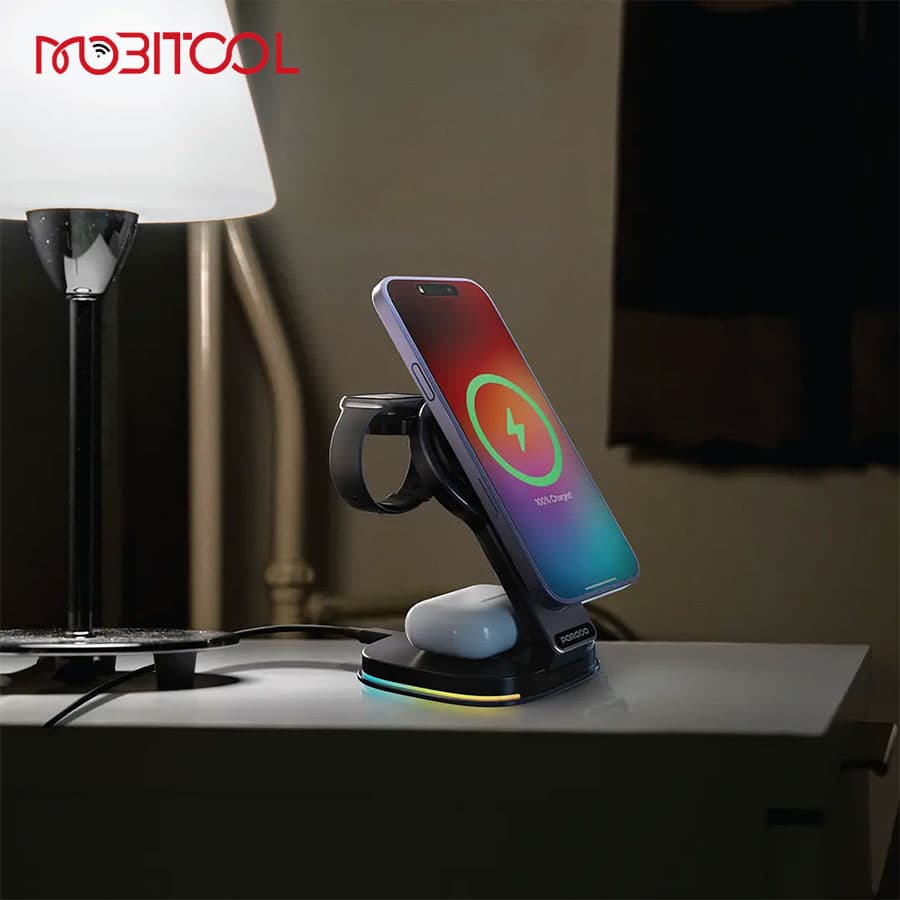 استند وایرلس شارژ سه کاره پرودو Porodo Compact Folding Wireless Charging Stand PD-FWCH063 — تصویر ۲