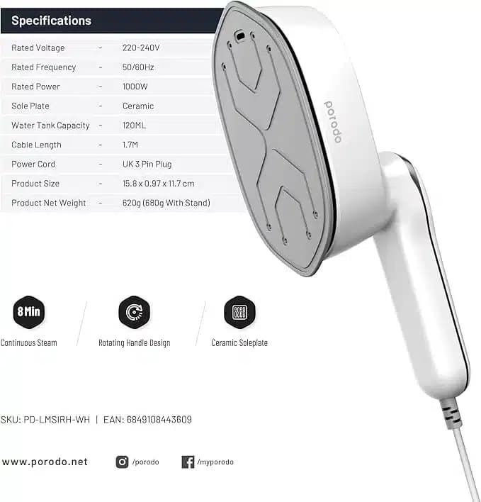 اتو بخار دستی مسافرتی پرودو Porodo Compact Portable Steam & Heat Iron PD-LMSIRH — تصویر ۸