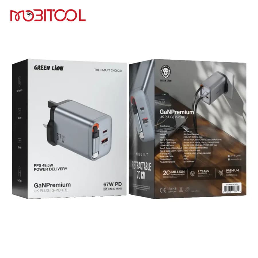 آداپتور 67 وات با کابل جمع شونده تایپ سی گرین لاین Green Lion GaN Premium UK Plug Wall Charger 67W — تصویر ۴