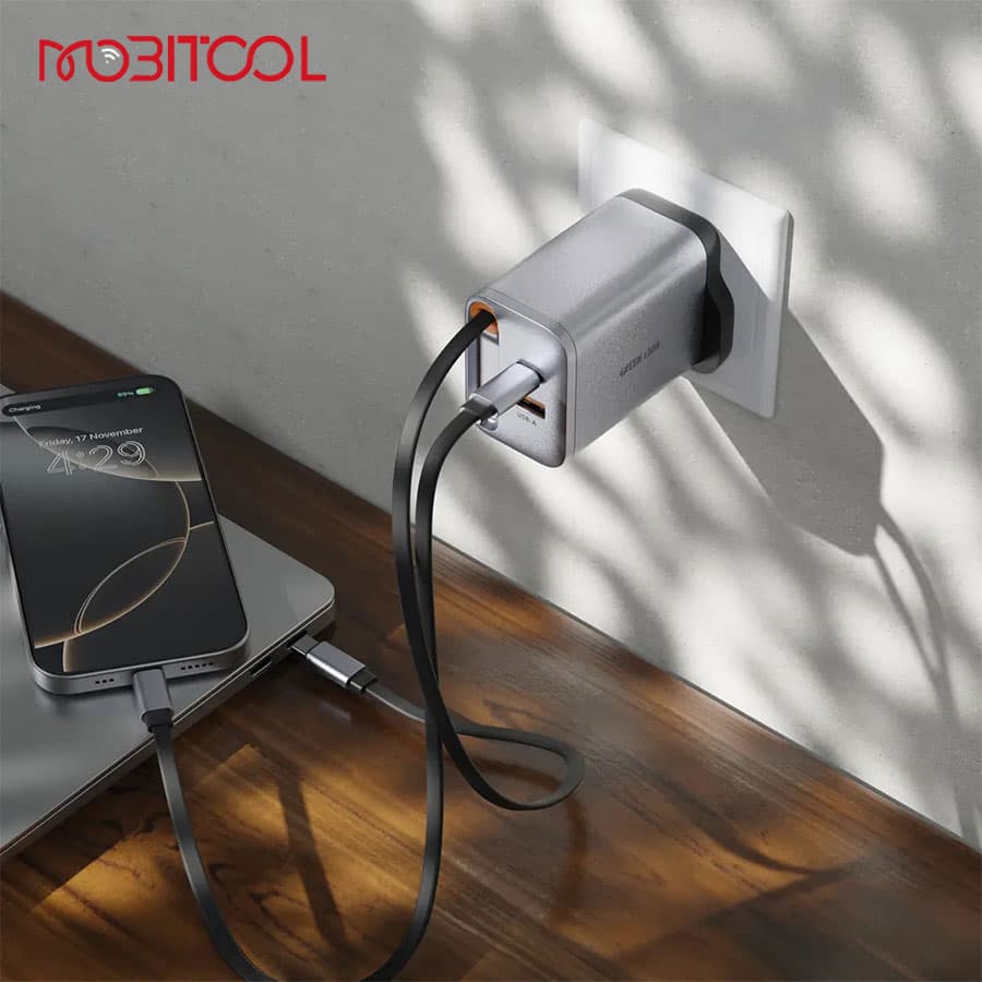 آداپتور 67 وات با کابل جمع شونده تایپ سی گرین لاین Green Lion GaN Premium UK Plug Wall Charger 67W — تصویر ۳