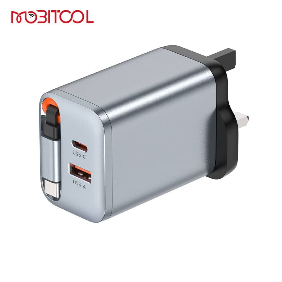 آداپتور 67 وات با کابل جمع شونده تایپ سی گرین لاین Green Lion GaN Premium UK Plug Wall Charger 67W — تصویر ۲
