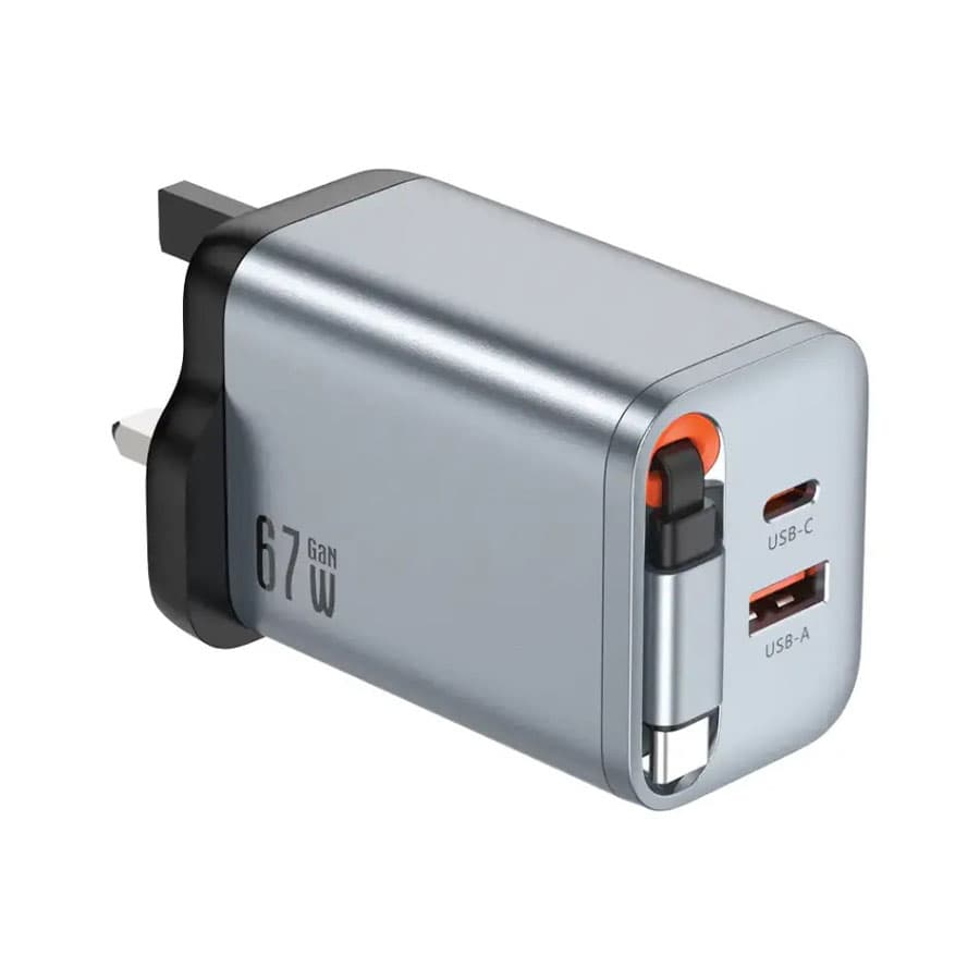 آداپتور 67 وات با کابل جمع شونده تایپ سی گرین لاین Green Lion GaN Premium UK Plug Wall Charger 67W
