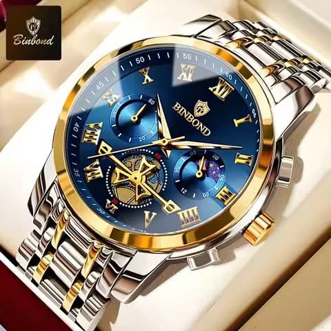 ساعت مچی مردانه اورجینال 4 موتور فعال کرنوگراف رنگ ثابت و ضداب خورشید و ماه بینبند طرح اتومات