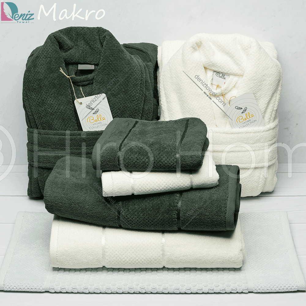 حوله ست دو نفره طرح ماکرو رنگ شیری و زیتونی — تصویر ۲